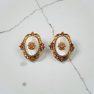 Elegant Vintage Victorian Revival Gold Tone and Pink Filigree Earrings